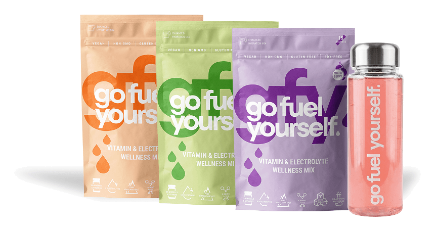 Go Fuel Yourself starter pack: Orange, Apple & Ginger, and Mixed Berry bags, plus the GFY bottle